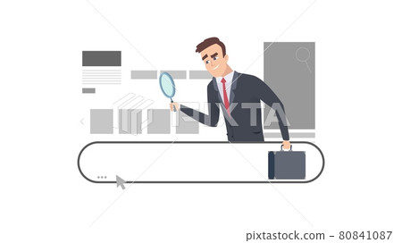 Searching in browser. Man look search bar with magnifying glass. Business man finding information online vector concept Searching in browser. Man look search bar with magnifying glass. Business man finding information online vector concept 80841087