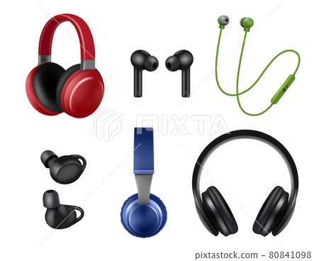 Music headphones. Realistic audio symbols music modern headset decent vector collection colored set 80841098