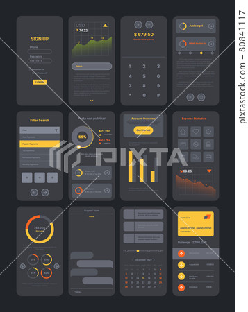 Dark theme ui kit. Digital modern interface app pages templates with various icons symbols frames preview search bars dividers and sliders garish vector user infographics 80841117