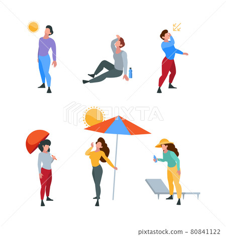 Sunstroke people. Outdoor summer characters tired with hot body temperature sunlight sweaty weather garish vector stylized persons male and femle illustrations Sunstroke people. Outdoor summer characters tired with hot body temperature sunlight sweaty weather garish vector stylized persons male and femle illustrations 80841122