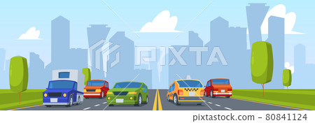 Cars on road. Speed automobile outdoor highway with four traffic line driving tunnel garish vector cartoon background with urban landscape 80841124
