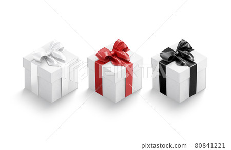Blank white gift box with gold, red, black ribbon mockup Blank white gift box with gold, red, black ribbon mockup 80841221