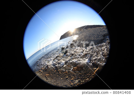 River flows into the sea. Northern circular fisheye landscape 80841408