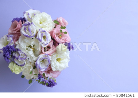 A bouquet of elegant pastel eustoma with a lilac background 80841561