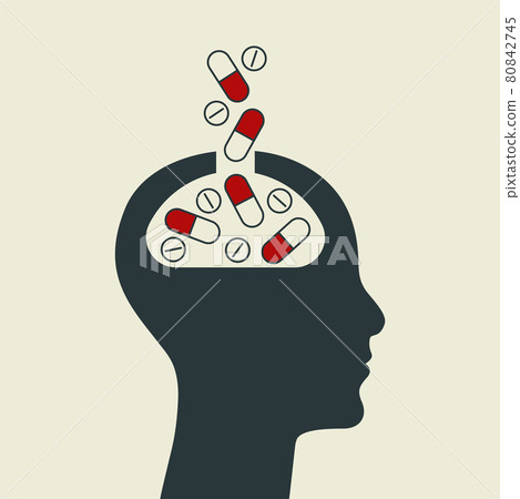Pills and brain symbol. Profile of person with falling capsules Pills and brain symbol. Profile of person with falling capsules 80842745