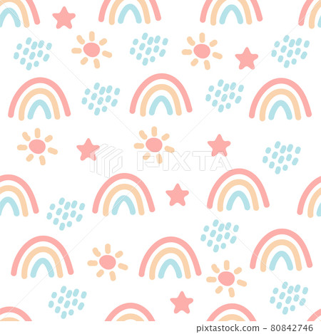 Seamless boho pattern with rainbows, stars, rain and sun Seamless boho pattern with rainbows, stars, rain and sun 80842746