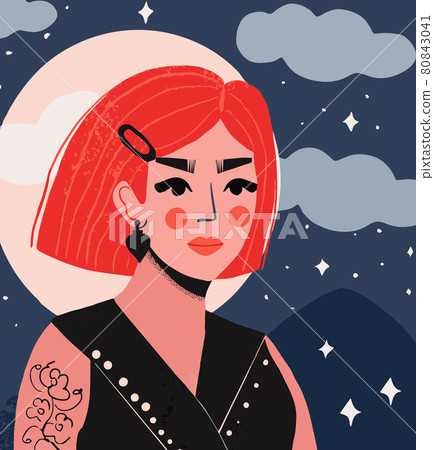 Portrait of a beautiful woman with red hair, in a leather jacket on the background of the moon, modern flat style. Vector illustration 80843041