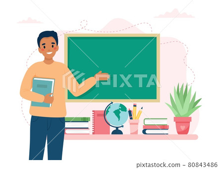 African american teacher in classroom. School and learning, Happy teacher s day concept. Cute vector illustration in flat cartoon style African american teacher in classroom. School and learning, Happy teacher s day concept. Cute vector illustration in flat cartoon style 80843486