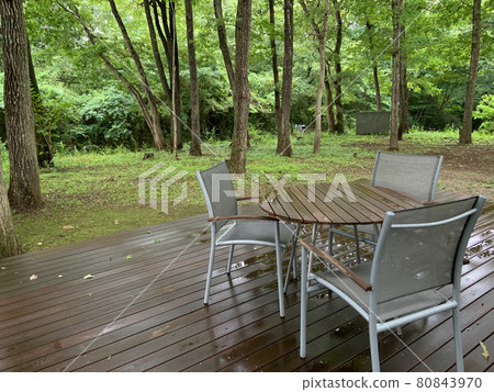 A modern table set in the woods in the afternoon after the rain 80843970