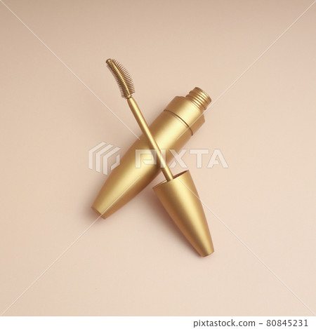Open tube of carcass. Advertising photography aesthetics and minimalism of cosmetics for eyelashes. 80845231