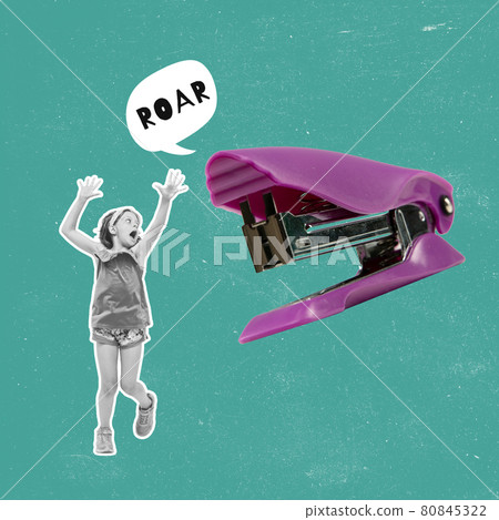 Modern design, contemporary art collage. Inspiration, idea, trendy urban magazine style. Composition with little girl and stapler. Back to school concept Modern design, contemporary art collage. Inspiration, idea, trendy urban magazine style. Composition with little girl and stapler. Back to school concept 80845322