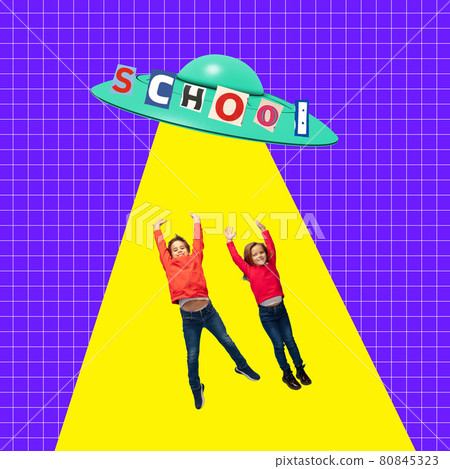 Modern design, contemporary art collage. Inspiration, idea, trendy urban magazine style. Composition with little kids flying to school on UFO Modern design, contemporary art collage. Inspiration, idea, trendy urban magazine style. Composition with little kids flying to school on UFO 80845323