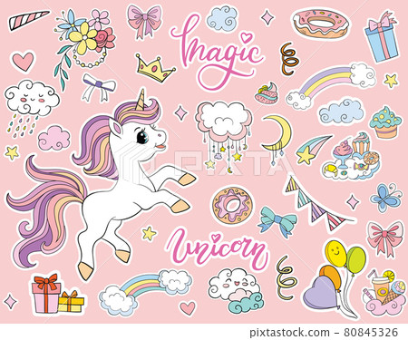 Sticker pack cute cartoon party unicorn vector illustration Sticker pack cute cartoon party unicorn vector illustration 80845326