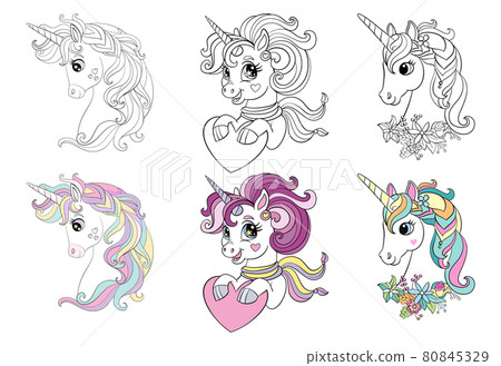 Set of three cartoon unicorns heads coloring vector Set of three cartoon unicorns heads coloring vector 80845329