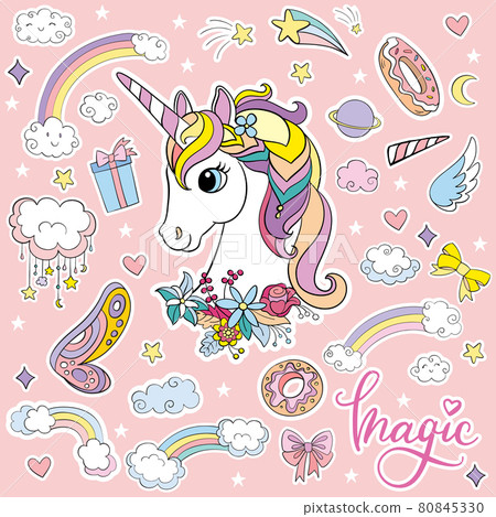 Sticker pack cute cartoon unicorn head vector illustration Sticker pack cute cartoon unicorn head vector illustration 80845330
