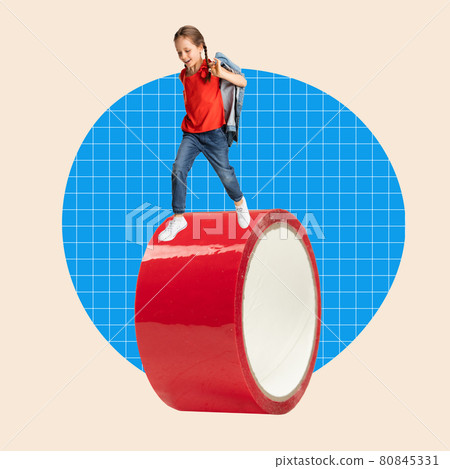 Modern design, contemporary art collage. Inspiration, idea, trendy urban magazine style. Composition with little girl rolling to school on duct tape Modern design, contemporary art collage. Inspiration, idea, trendy urban magazine style. Composition with little girl rolling to school on duct tape 80845331