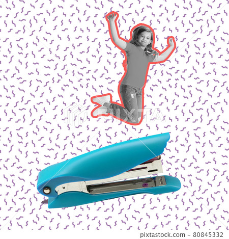 Modern design, contemporary art collage. Inspiration, idea, trendy urban magazine style. Composition with little girl and stapler. Back to school concept Modern design, contemporary art collage. Inspiration, idea, trendy urban magazine style. Composition with little girl and stapler. Back to school concept 80845332