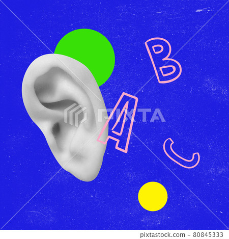 Modern design, contemporary art collage. Inspiration, idea, trendy urban magazine style. Human ear on blue geometrical background Modern design, contemporary art collage. Inspiration, idea, trendy urban magazine style. Human ear on blue geometrical background 80845333