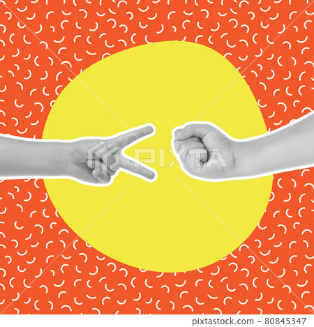 Modern design, contemporary art collage. Inspiration, idea, trendy urban magazine style. Children hands gesturing on bright background 80845347