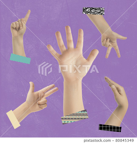 Modern design, contemporary art collage. Inspiration, idea, trendy urban magazine style. Children hands on purple background Modern design, contemporary art collage. Inspiration, idea, trendy urban magazine style. Children hands on purple background 80845349