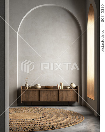 Interior with arcs, dresser and decor. 3d render illustration mockup. Interior with arcs, dresser and decor. 3d render illustration mockup. 80845350