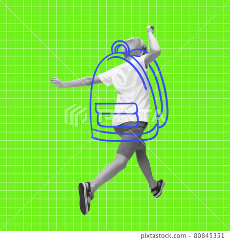 Conceptual image with happy little preschool boy running to school with drawing backpack on bright neon green background. Back to school concept Conceptual image with happy little preschool boy running to school with drawing backpack on bright neon green background. Back to school concept 80845351