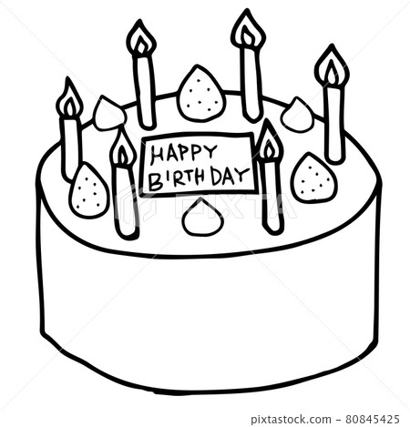 帶鮮奶油和草莓裝飾的生日蛋糕線描圖（帶生日盤） 80845425