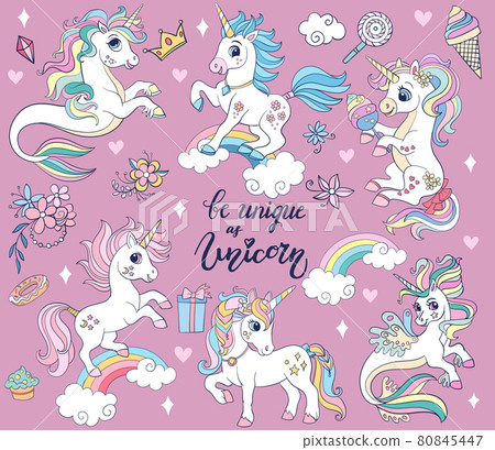 Set of cute cartoon unicorns and sea unicorns vector illustration Set of cute cartoon unicorns and sea unicorns vector illustration 80845447