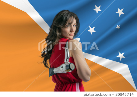 Beauty industry in Argentine Antarctica. Happy female hairdresser holding hairdryer against Argentine Antarctica flag background 80845714