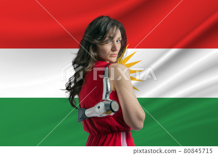 Beauty industry in Kurdistan. Happy female hairdresser holding hairdryer against Kurdistan flag background 80845715