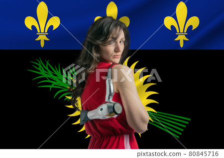 Beauty industry in Guadeloupe. Happy female hairdresser holding hairdryer against Guadeloupe flag background Beauty industry in Guadeloupe. Happy female hairdresser holding hairdryer against Guadeloupe flag background 80845716