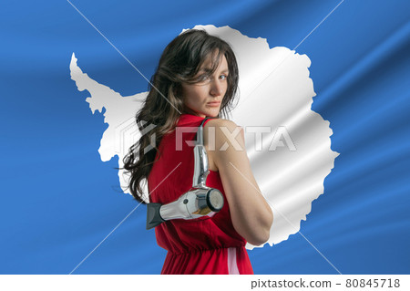 Beauty industry in Antarctica. Happy female hairdresser holding hairdryer against Antarctica flag background Beauty industry in Antarctica. Happy female hairdresser holding hairdryer against Antarctica flag background 80845718
