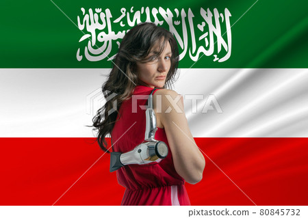 Beauty industry in Somaliland. Happy female hairdresser holding hairdryer against Somaliland flag background Beauty industry in Somaliland. Happy female hairdresser holding hairdryer against Somaliland flag background 80845732
