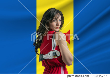 Beauty industry in Madeira. Happy female hairdresser holding hairdryer against Madeira flag background 80845733