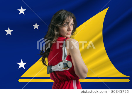 Beauty industry in Tokelau. Happy female hairdresser holding hairdryer against Tokelau flag background Beauty industry in Tokelau. Happy female hairdresser holding hairdryer against Tokelau flag background 80845735