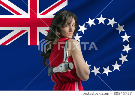 Beauty industry in Cook Islands. Happy female hairdresser holding hairdryer against Cook Islands flag background Beauty industry in Cook Islands. Happy female hairdresser holding hairdryer against Cook Islands flag background 80845737