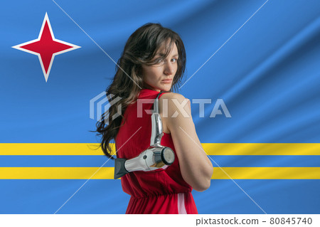 Beauty industry in Aruba. Happy female hairdresser holding hairdryer against Aruba flag background Beauty industry in Aruba. Happy female hairdresser holding hairdryer against Aruba flag background 80845740