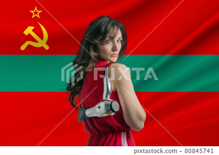 Beauty industry in Transnistria. Happy female hairdresser holding hairdryer against Transnistria flag background Beauty industry in Transnistria. Happy female hairdresser holding hairdryer against Transnistria flag background 80845741