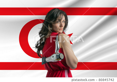 Beauty industry in Turkish Republic of Northern Cyprus. Happy female hairdresser holding hairdryer against Turkish Republic of Northern Cyprus flag background Beauty industry in Turkish Republic of Northern Cyprus. Happy female hairdresser holding hairdryer against Turkish Republic of Northern Cyprus flag background 80845742