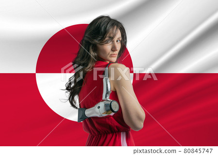 Beauty industry in Greenland. Happy female hairdresser holding hairdryer against Greenland flag background Beauty industry in Greenland. Happy female hairdresser holding hairdryer against Greenland flag background 80845747