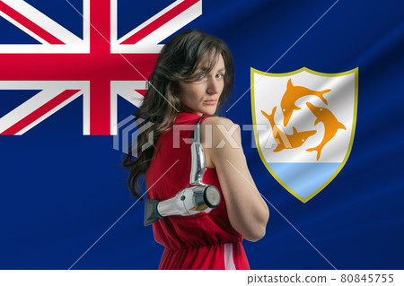 Beauty industry in Anguilla. Happy female hairdresser holding hairdryer against Anguilla flag background 80845755