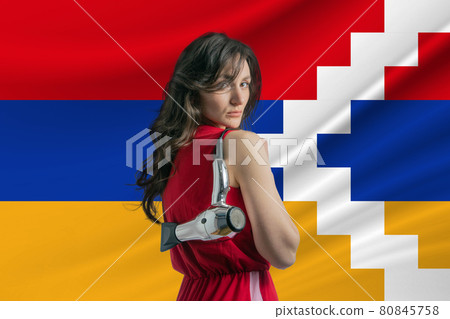 Beauty industry in Nagorno-Karabakh Republic. Happy female hairdresser holding hairdryer against Nagorno-Karabakh Republic flag background Beauty industry in Nagorno-Karabakh Republic. Happy female hairdresser holding hairdryer against Nagorno-Karabakh Republic flag background 80845758