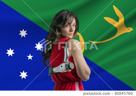 Beauty industry in Christmas Island. Happy female hairdresser holding hairdryer against Christmas Island flag background 80845760