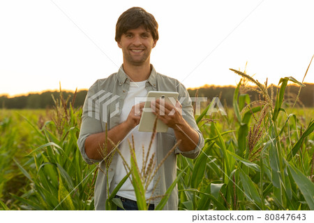 Woman farmer monitoring a corn crop with a digital tablet 80847643