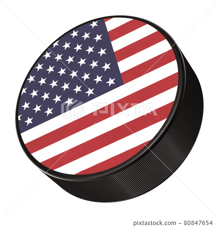 3D render of the national flag of the United States of America label ice hockey puck 80847654