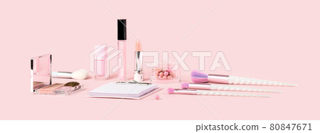 Beauty unicorn makeup brushes on monochrome pink Beauty unicorn makeup brushes on monochrome pink 80847671