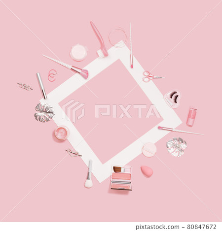 Beauty and makeup brushes monochrome pink and silver border Beauty and makeup brushes monochrome pink and silver border 80847672