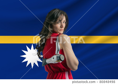 Beauty industry in Nauru. Happy female hairdresser holding hairdryer against Nauru flag background 80848498