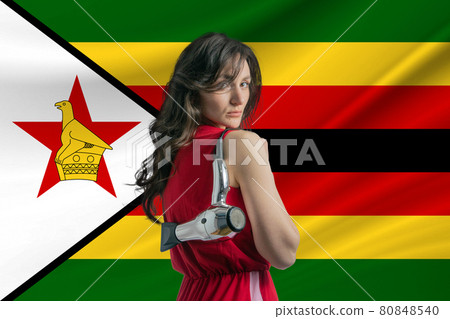 Beauty industry in Zimbabwe Happy female hairdresser holding hairdryer against Zimbabwe flag background Beauty industry in Zimbabwe Happy female hairdresser holding hairdryer against Zimbabwe flag background 80848540