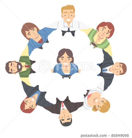 Smiling Business People Characters Embracing Arranging Circle Looking Up Above View Vector Illustration Smiling Business People Characters Embracing Arranging Circle Looking Up Above View Vector Illustration 80849098